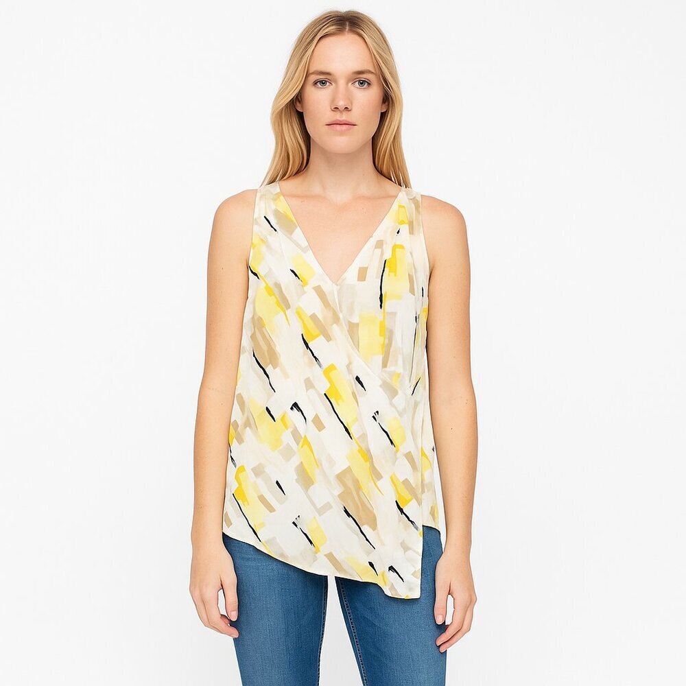 2/$30 White House Black Market Printed Silk Surplice Top Yellow Beige XS #A0394
